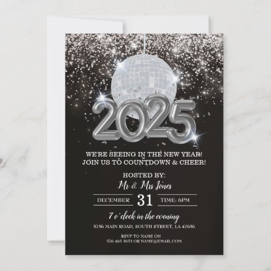 Oudejaarsfeest zwart en zilver kaart (Voorkant)