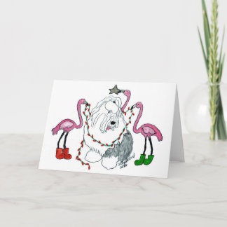 Oudengelse herdershond en roze flamingo's Kerstmis Feestdagen Kaart