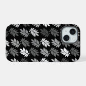 Ouder bladpatroon zwart wit grijs iPhone 15 hoesje (Achterkant horizontaal)
