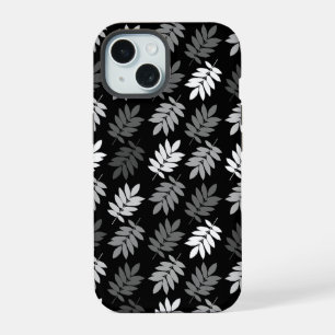 Ouder bladpatroon zwart wit grijs iPhone 15 hoesje