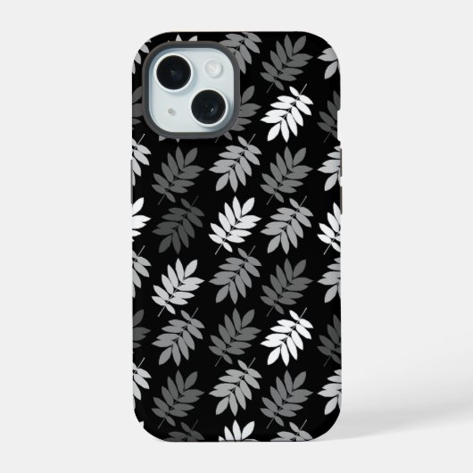 Ouder bladpatroon zwart wit grijs iPhone 15 hoesje (Achterkant)