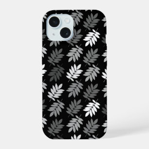Ouder bladpatroon zwart wit grijs iPhone 15 hoesje
