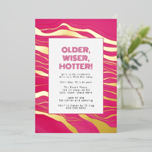 Ouder, Wijzer, Heter Heet Roze & Echt Gouden Folie Folie Uitnodiging (Staand Voorkant)