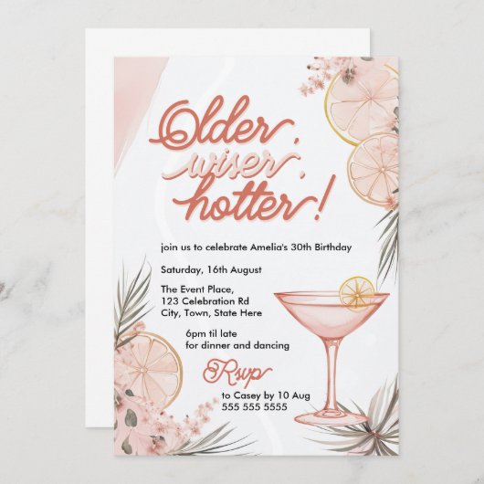 Ouder, wijzer, heter perzik roze cocktail verjaard kaart (Voorkant / Achterkant)