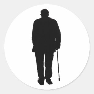 Oudere Man Walking Black Silhouette Tekening Art Ronde Sticker