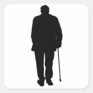 Oudere Man Walking Black Silhouette Tekening Art Vierkante Sticker