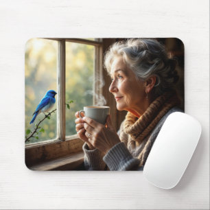 Oudere vrouw die een blauwe vogel bekijkt muismat