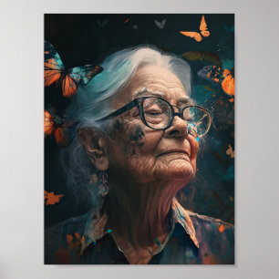 Oudere vrouw in bril met botervliegen poster