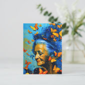 Oudere vrouw met botervliegen briefkaart (Staand voorkant)