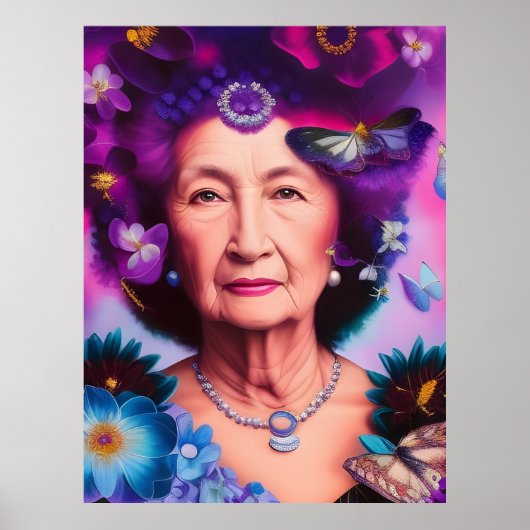 Oudere vrouw met botervliegen en bloemen poster (Voorkant)