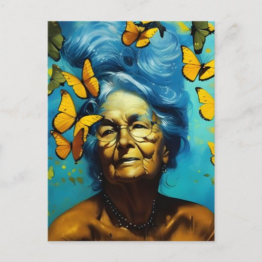 Oudere vrouw met Briefkaart Butterflies (Voorkant)