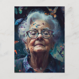 Oudere vrouw met vlinders ansichtkaart briefkaart