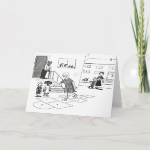 Oudere vrouw slaat het spelen van hopscotch met ki kaart