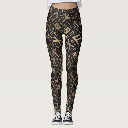 Ouderen - Futhark Pattern Gold op Black Wood 2 Leggings (Voorkant)