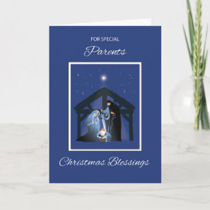 Ouders Kerstmis Zegeningen Manger op Blauw Kaart