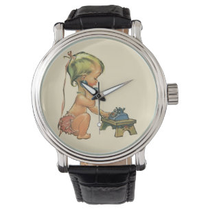 Ouderwets kind Cute Blonde Meisje Praat op Speelgo Horloge