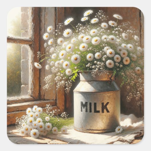 Ouderwets melkblik met daisy boeket vierkante sticker (Voorkant)