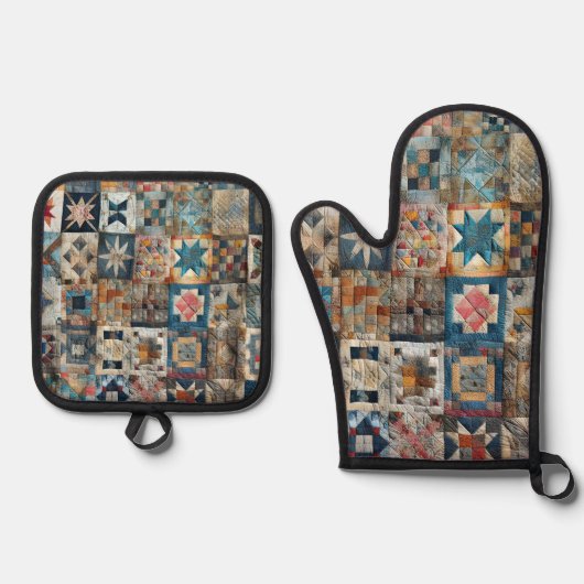 Ouderwets Patchwork Quiltontwerp Ovenwant & Pannenlap Set (Voorkant)