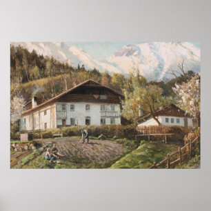 Ouderwetse Alpen Boerderij Lente Landschap Poster