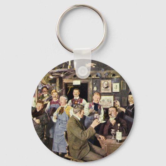 Ouderwetse bar met mensen vieren, een feest sleutelhanger (Voorkant)