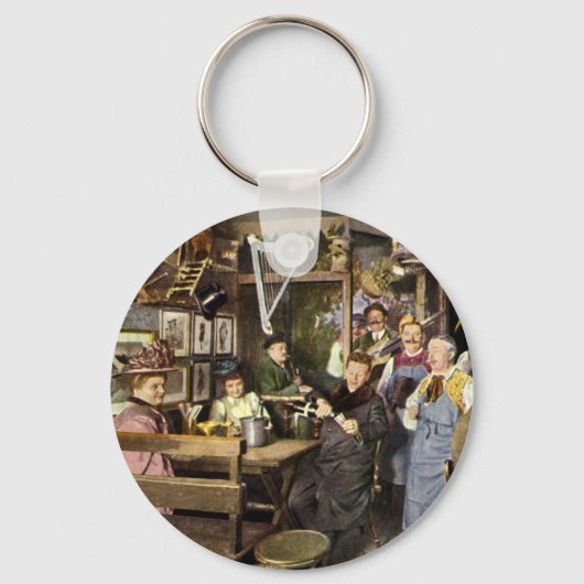 Ouderwetse bar met mensen vieren, een feest sleutelhanger (Achterkant)