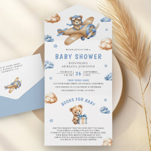 Ouderwetse blauwe bruine vliegtuig teddybeer babys all in one uitnodiging