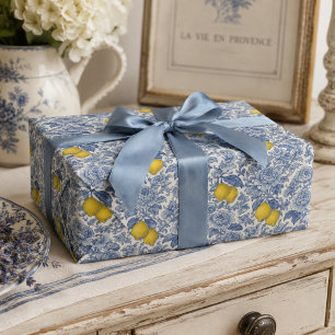 Ouderwetse Blauwe Citroen Botanische Patroon Cadeaupapier
