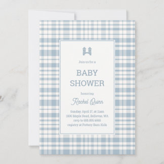 Ouderwetse blauwe geruite stof jongens babyshower kaart