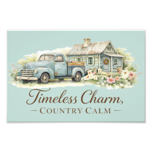 Ouderwetse Blauwe Truck Cottage Wilde Bloemen Kalm Foto Afdruk