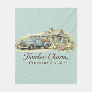 Ouderwetse Blauwe Truck Cottage Wilde Bloemen Rust Fleece Deken