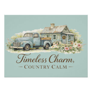 Ouderwetse Blauwe Truck Cottage Wilde Bloemen Rust Perfect Poster
