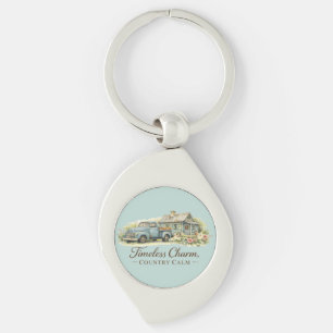 Ouderwetse Blauwe Truck Cottage Wilde Bloemen Rust Sleutelhanger