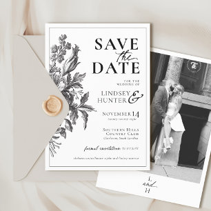 Ouderwetse Bloem Zwarte en Witte Foto Boho Bruilof Save The Date