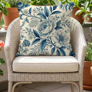 Ouderwetse Bloemmotief Blauw Crème Buitenkussen