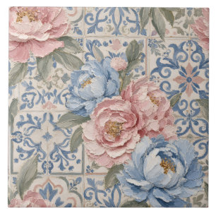 Ouderwetse Bloemmotief Blauwe Roze Pioen Tegelmoti Tegeltje