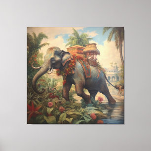 Ouderwetse botanische scène olifant met howdah canvas afdruk