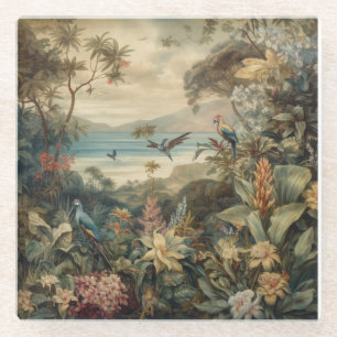 Ouderwetse botanische scène vogels bloemen in het glazen onderzetter
