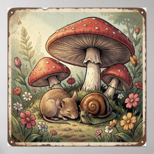 Ouderwetse Cottage Core Paddenstoelen en Wilde Die Poster