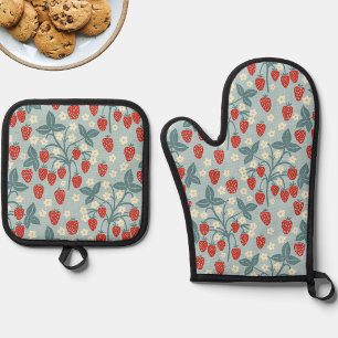 Ouderwetse Cottagecore Aardbei Bloem Botanisch Ovenwant & Pannenlap Set
