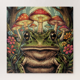 Ouderwetse Cottagecore Kikker en Paddenstoelen Legpuzzel