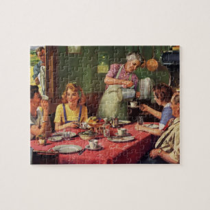 Ouderwetse familie die ontbijt in de keuken legpuzzel