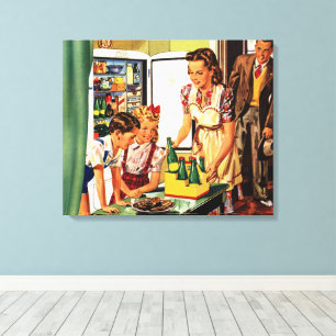 Ouderwetse familie, moeder met kinderen, snacks in canvas afdruk