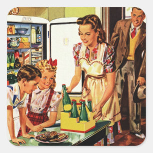 Ouderwetse familie, moeder met kinderen, snacks in vierkante sticker