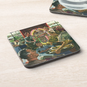 Ouderwetse gezinsdiner in een diner met een jukebo bier onderzetter