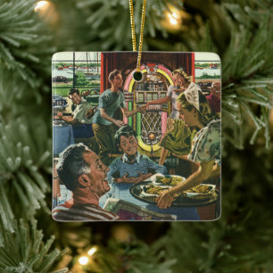 Ouderwetse gezinsdiner in een diner met een jukebo keramisch ornament