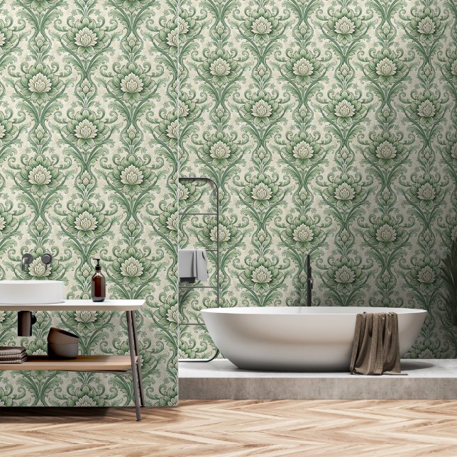 Ouderwetse groene botanische patroon behang (Badkamer)