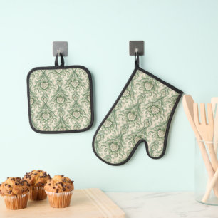 Ouderwetse groene botanische patroon ovenwant & pannenlap set