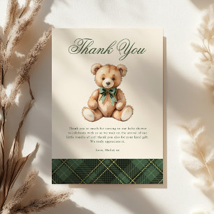 Ouderwetse groene ruit Teddy Bear babyshower Bedankkaart
