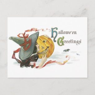 ouderwetse halloween, heks & Jack-o'-lantaarn Briefkaart