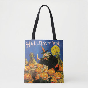 ouderwetse halloween, heks & pompoenen draagtas